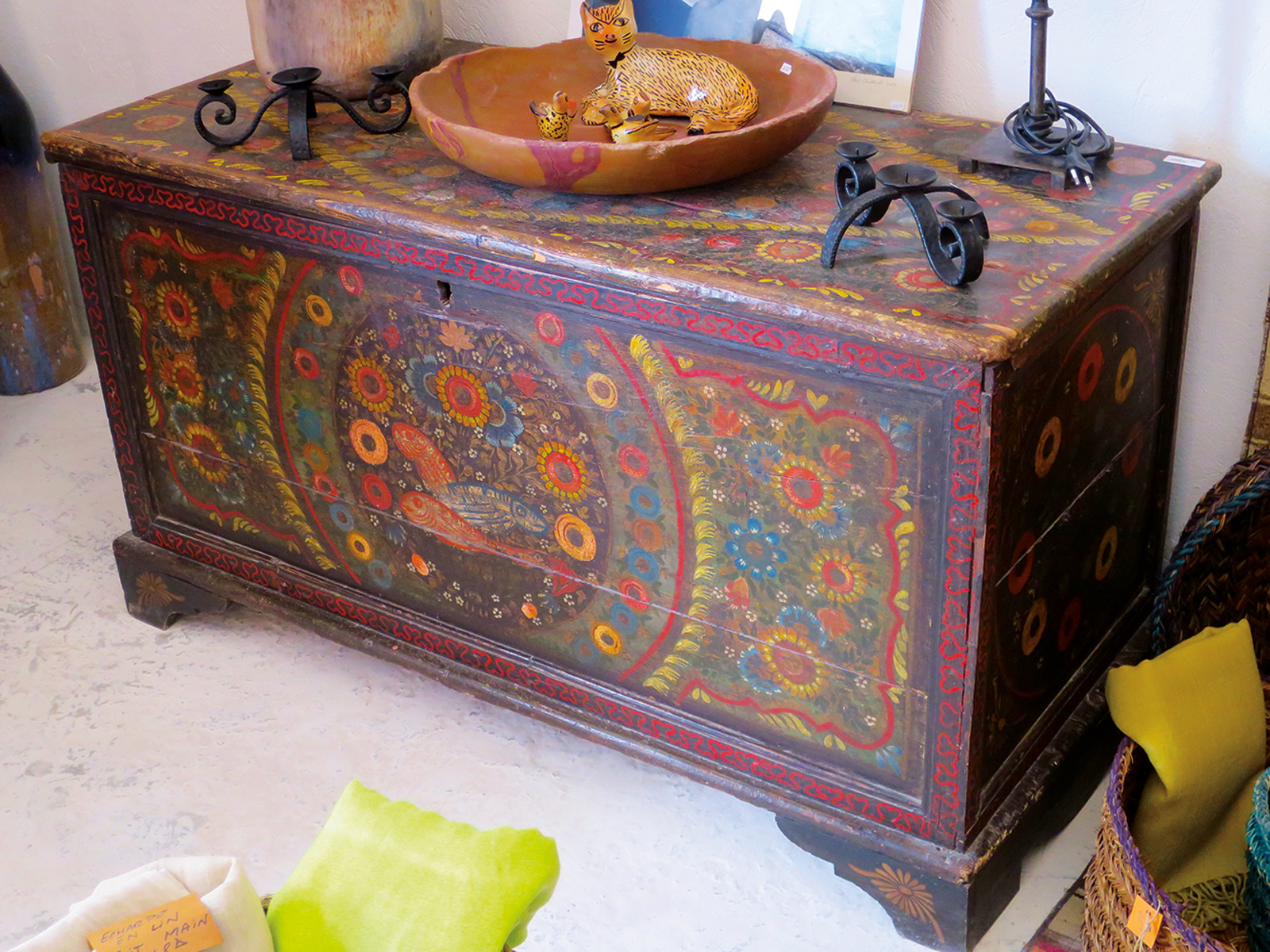 <p>Like many chests of softer woods from North Africa, this chest from Djerba, Tunisia, is painted rather than carved.</p>