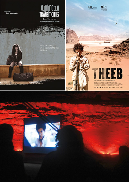 Mohammed Al Hushki&rsquo;s<em> Transit Cities </em>(2009), <em>top-left</em>, took two prizes at the Dubai International Film Festival. Naji Abu Nowar&rsquo;s <em>Theeb </em>(<em>Wolf</em>), released last year, was notable for its collaboration with local Bedouin actors, silhouetted, <em>above</em>, during a screening at Wadi Rum.