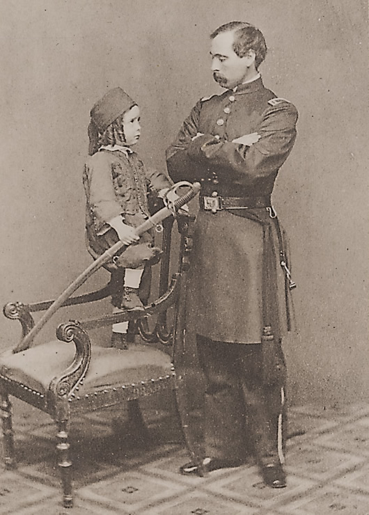 <p>This photo of a Union officer in conventional uniform and a child decked out in a Zouave uniform, taken in Brattleboro, Vermont, testifies to the Zouave craze that swept America.&nbsp;</p>
