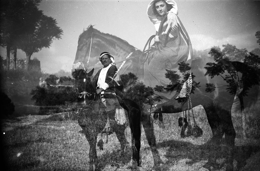 Marie al-Khazen broke new ground in Lebanon beginning in the 1920s, photographing women in activities usually associated with men. In this double exposure, the female rider looms over her male counterpart.