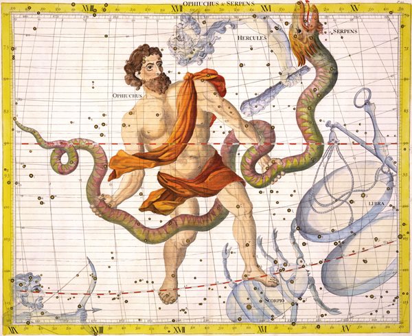 <p>Published in 1729 from a hand-colored engraving by England&apos;s first Astronomer Royal, John Flamsteed, this plate from Atlas Coelestis depicts Ophiuchus (“The Serpent Handler”). Although one of the Babylonian zodiac’s original 13 constellations, Ophiucus was dropped for the convenience of synchronizing the number of zodiac signs to the 12-month calendar system. </p>