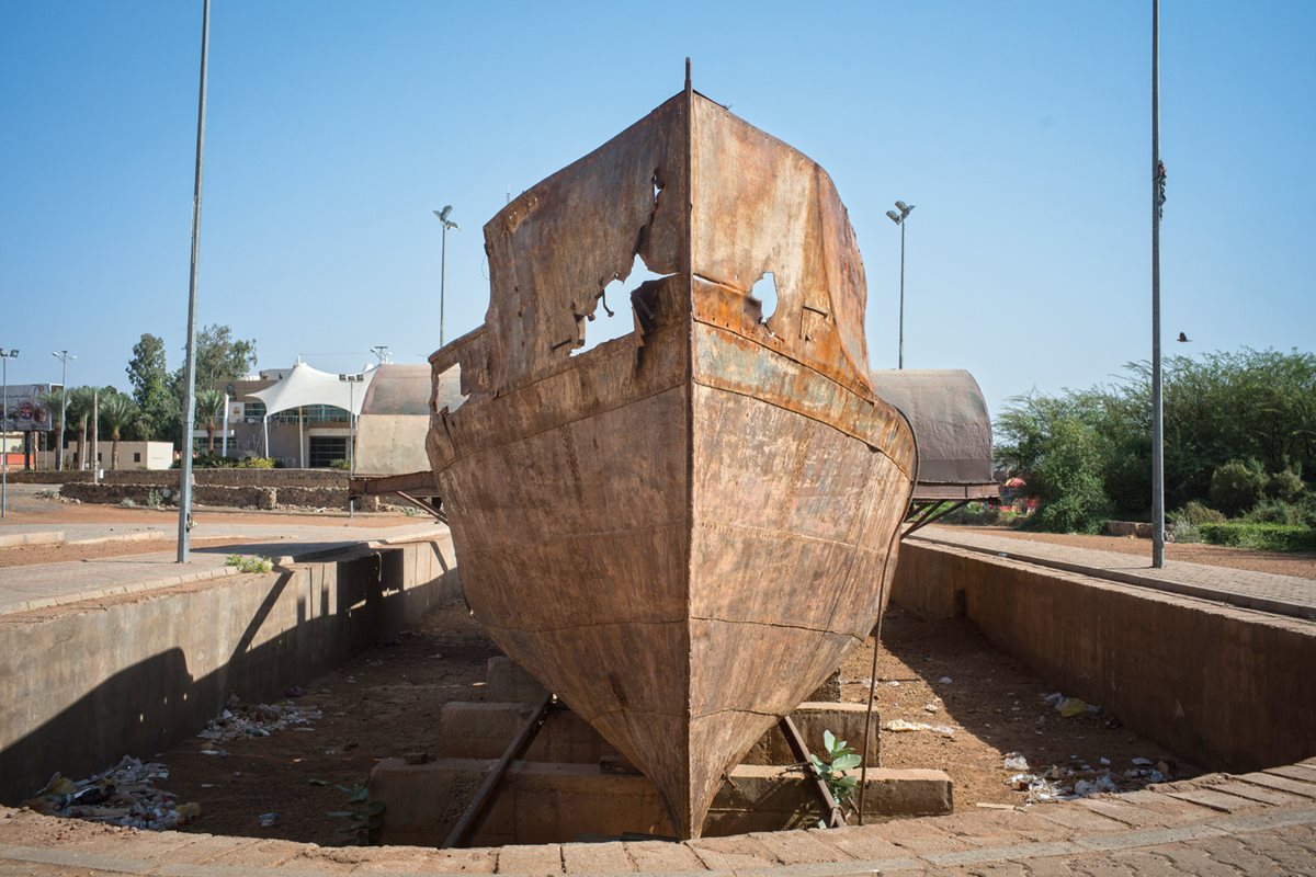 The shell of the 19th-century British paddle-wheel steamer <i>SS Bordein </i>sits on display near the old Omdurman fortifications. It was one of five such ships ordered by Sir Samuel Baker from England for his 1871 Nile expedition. 