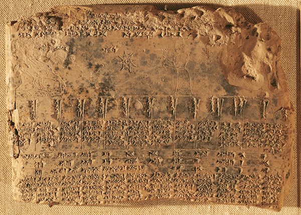 <p>Inscribed in cuneiform script on a clay tablet during the second millennium <span class="smallcaps">bce</span>, a Sumerian astrological calendar from Uruk (now Warka, Iraq) demonstrates the detail with which early astronomer-astrologers kept track of movements in the heavens. </p>