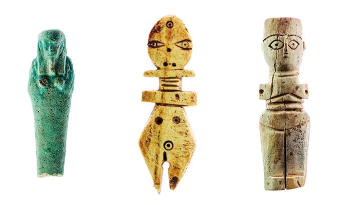 <p><em>Left to right</em> The small, mummy-like, pharaonic statue, or <em>shabti</em>, dates to between the 11th and fourth century <span class="smallcaps">bce</span>; the two dolls are carved from animal bone and stand about eight centimeters tall. Scanlon gave the Institute a number of artifacts from his 1965 dig, including the lamp or goblet as well as the doll at <em>right.&nbsp;</em></p>
