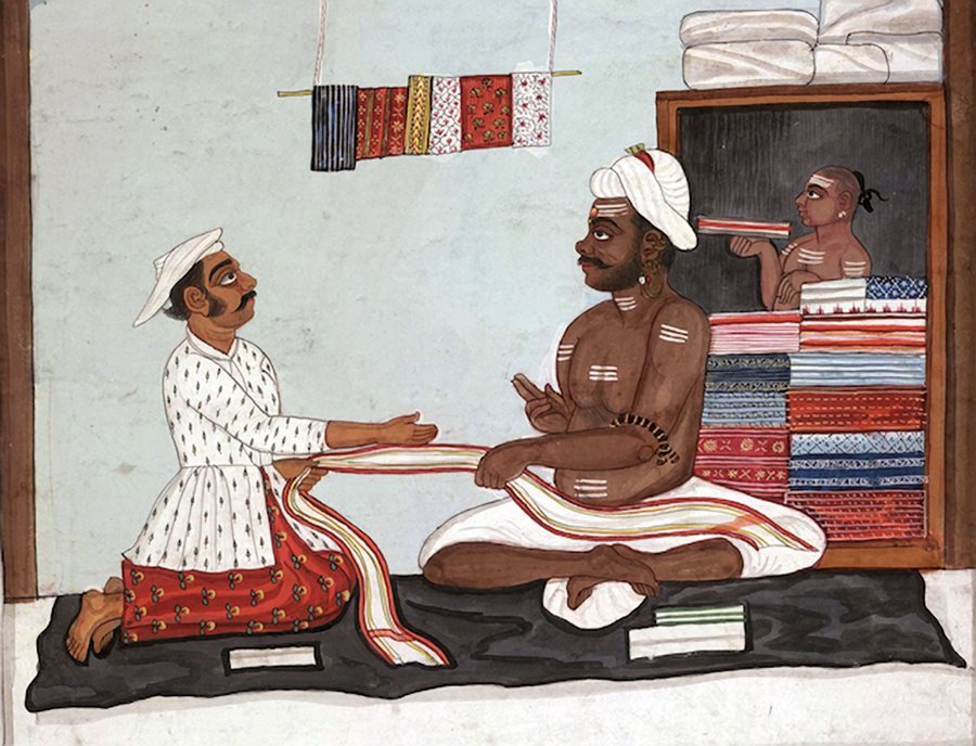 A cloth shop in 18th-century India. As early as the 10th century, one Arab traveler observed that &ldquo;these garments ... [are] woven to that degree of fineness that they may be drawn through a ring of a middling size.&rdquo;