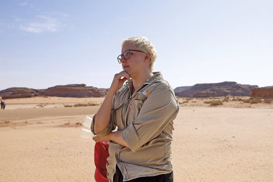 Janet McMahon, doctoral candidate and assistant to Kennedy and Thomas, discusses progress at the excavation site near AlUla. 