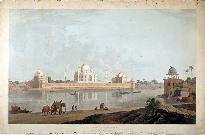 An aquatint by English landscape painter Thomas Daniell depicts the Taj Mahal. Daniell traveled India with his nephew William Daniell, drawing scenes from across the country and later publishing them in a multivolume collection, Oriental Scenery, 1795 and 1808.