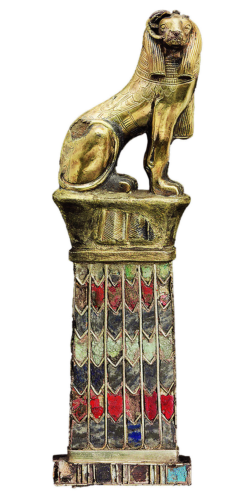 This pendant, with a gold, ram-headed sphinx atop a cloisonné pedestal of gilded silver, lapis lazuli and glass, was made during the reign of Piye or shortly thereafter, between 743 and 712 BCE.