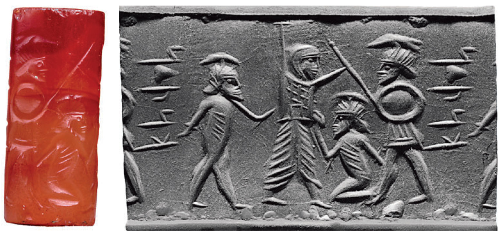 A seal 2.3 centimeters tall made of carnelian depicts, at center, a Persian soldier; kneeling before him is a Greek prisoner and, behind the soldier, a second prisoner is tethered by a leash. The soldier to the right, curiously, is wearing the same distinctive helmet as the Greek prisoners, yet he appears in battle dress—not a prisoner at all. Babcock’s conclusion: This depicts a Greek mercenary, one of the many who, according to written sources, hired on with Persians. 