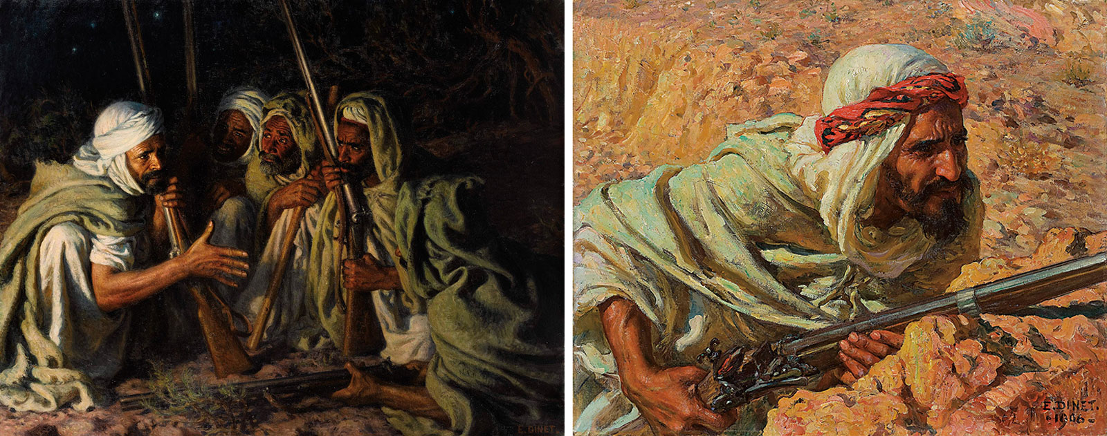 In two other paintings among the nine by Dinet that Gabr has acquired, “Council in the Night,” 1905, left, and “The Lookout,” right, evoke both the wariness and commitment of Algerian men resisting French colonial occupation. Dinet’s cultural engagement, Gabr wrote, afforded his Western viewers “a profound understanding of a culture so different from their own.”