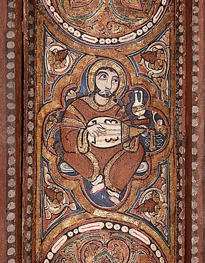 A painted image of an ‘ud player on the ceiling in the Cappella Palatina, Palermo, Sicily (1130 CE-ca. 1143 CE), reproduced from Beat Brenk (ed.), 2010.