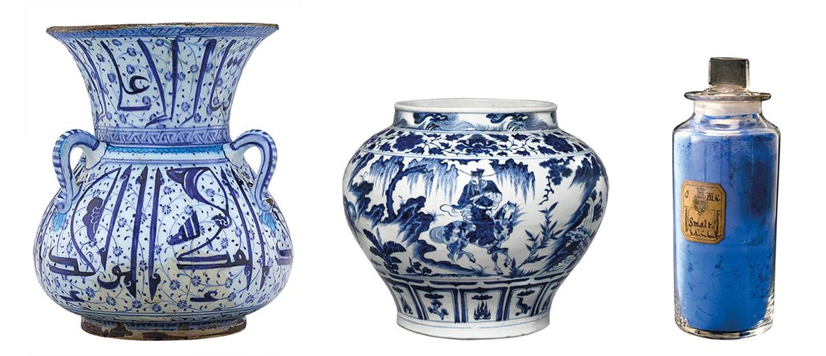 <b>Left</b> Imitating the the glass lamps of mosques, this 16th-century-CE ceramic vase was made in Iznik, Turkey, using cobalt for both the fine swirls and the calligraphy. <b>Center</b> Painted in vivid cobalt, this Yuan Dynasty pot was made in the 14th century, when porcelain was among China&rsquo;s leading exports. <b>Right</b> The raw material of cobalt paint and glaze is potassium cobalt silicate, or smalt, shown here in a bottle dated to the 17th or 18th century.