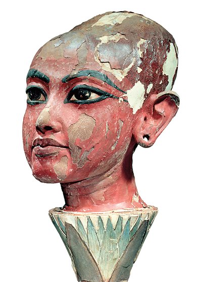 The 14th-century-BCE wooden bust of child-king Tutankhamen. 