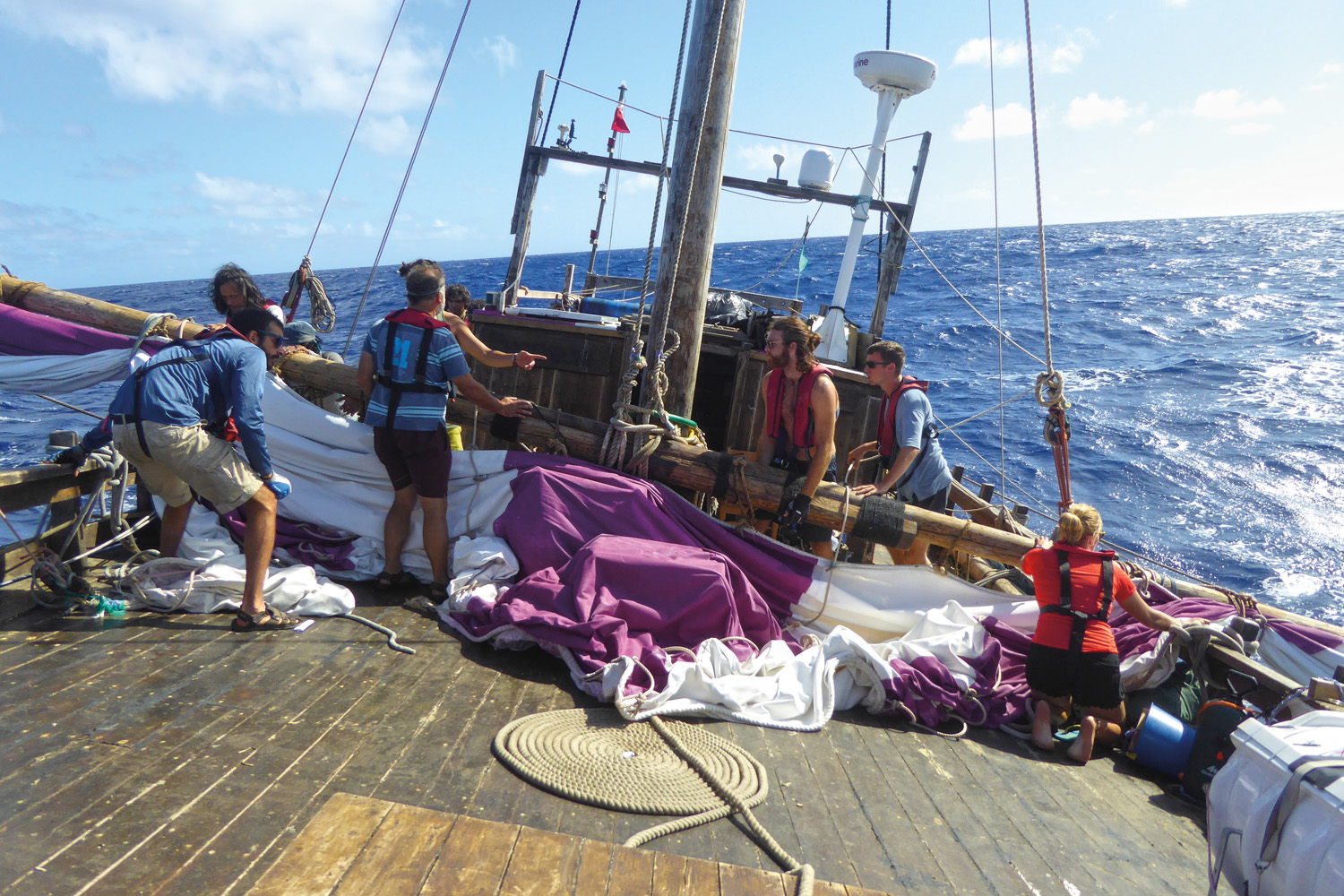 Rocked on Atlantic swells, the crew had to repair two holes in the sail caused by strong winds and replace two ropes that had been snapped off the week before. 
