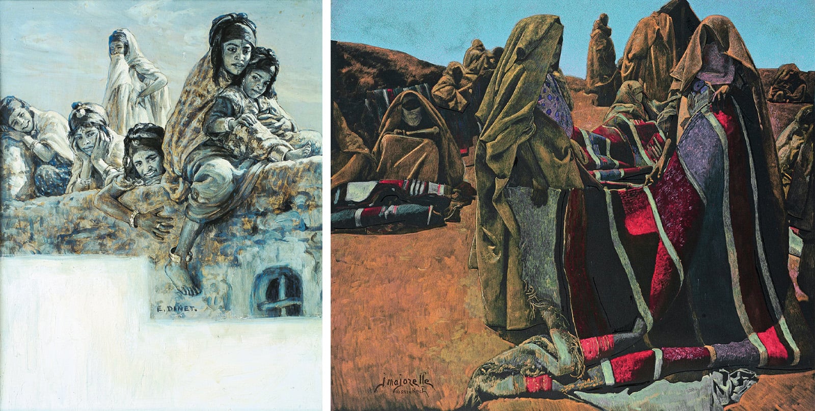 Left: Showing what collector Mohamed Shafik Gabr calls Étienne Dinet’s “intensity and softness of manner that invites the viewer to become a participant,” this grisaille, which the artist intended as an illustration for a book, shows six girls on a rooftop terrace enjoying celebrations in the street below. Right: One of the later Orientalists, Jacques Majorelle, from 1917 not only focused on everyday life, as in “Souq El-Khemis” (Friday Market), but also showed a modernist fascination with color, pattern and texture. 