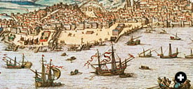 Lisbon was neither large nor prosperous when the Portuguese began their 80-year push around Africa, yet by the time this engraving was made in 1572, it had grown wealthy on its new monopoly of Europe’s route around the Cape of Good Hope to the Indian Ocean.