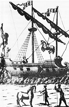 The first horses in the Americas arrived having survived the three-month voyage suspended in canvas slings. Near shore, they were hoisted outboard by gun tackle.