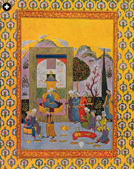 A color engraving, in Persian miniature style, from an 1895 French edition of Les Mille et Une Nuits.