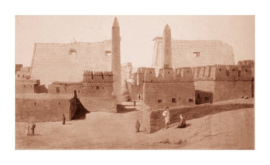 When Lane first viewed Luxor Temple in Upper Egypt in 1826, the village of Luxor had spread into it, and the obelisk at the right had not yet been taken to Paris, where it stands today. 