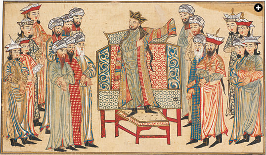 Depicting a ceremony that already lay three centuries in the past, an illustration from Rashid al-Din’s 14th-century Jami‘ al-Tawarikh (Universal History) shows Mahmud ibn Sebuktekin, the first independent Ghaznavid ruler, receiving a richly decorated robe of honor from the caliph.