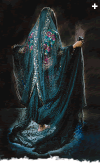 In this dress from Wadi Mahram, near Taif, colored cotton and gold embroidery alternates with plain bands of fabric, and the cuffs are also embroidered with white, red and gold thread.