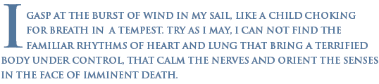  I gasp at the burst of wind in my sail, like a child choking for breath in a tempest. Try as I may, I  cannot find the familiar rhythms of heart and lung that bring a terrified body under control, that calm the nerves and orient the senses in the face of imminent death.