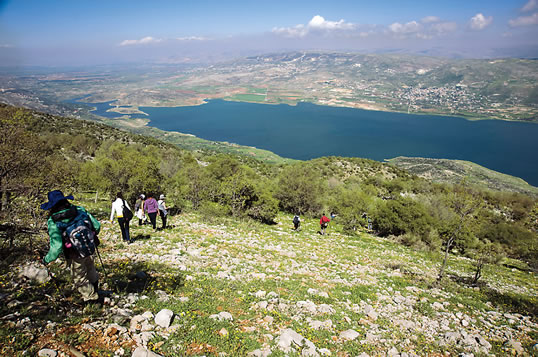Descending from the Chouf Mountains toward the village of Aitanit, the trail passes Qaraoun Lake. 