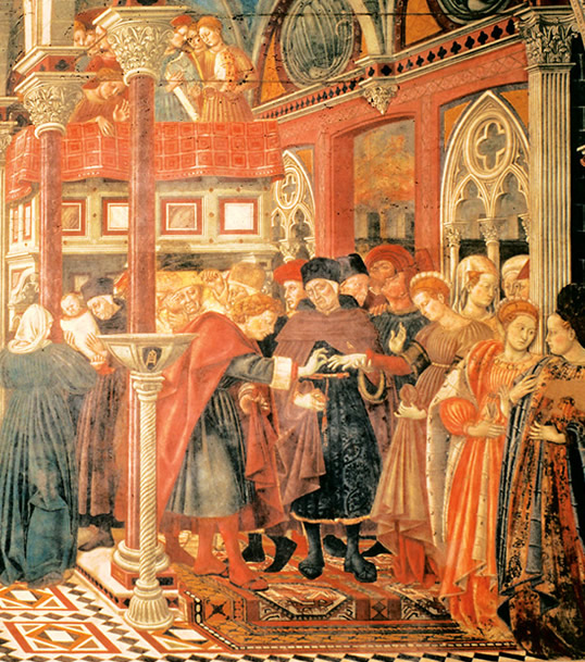 Domenico di Bartolo, “Marriage of the Foundlings,” ca. 1440. Note that carpets appear not only beneath the wedding party’s feet, but also draped from the balcony above.