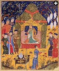 Initially used as simple shelters by nomadic peoples on the Central Asian steppe, tents had evolved into luxurious portable abodes by the time of Genghis Khan, the Mongol conqueror who ruled a vast region at his death in 1227. This illustration comes from a 14th-century Persian manuscript