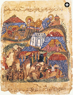 This illustration by Yahya al-Wasiti from a 13th-century edition of the Maqamat (Assemblies), a collection of Arabic poetry by al-Hariri of Basra (1054–1122), depicts a caravan stop with brightly colored tents in which travelers could rest and where they could care for their mounts.