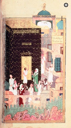Pilgrims pray at the Ka’bah in the Great Mosque in Makkah. The painting, dated 1442, is by the Persian artist Bihzad, who created it as part of an edition of the Khamsa of Nizami.