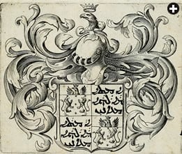 The coat of arms created for Ma‘ani della Valle, who died in Minab, near Hormuz, in 1621 at the age of 23, opens the memorial volume produced for her funeral in Rome in 1626. The inscription, in Syriac, reads “The servant / of God / Ma‘ani.”