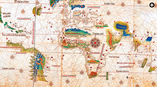 Produced in Portugal between 1500 and 1502, the Cantino world map shows the north-to-south line, in the left quarter of the map, stipulated by the 1494 Treaty of Tordesillas. Spain received control westward, and Portugal eastward, of the line.