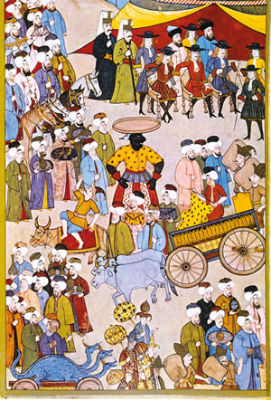 European ambassadors sit, upper right, with merchants, acrobats and cavalry, in this 16th-century scene dating to the reign of Suleiman’s grandson Murad iii. 