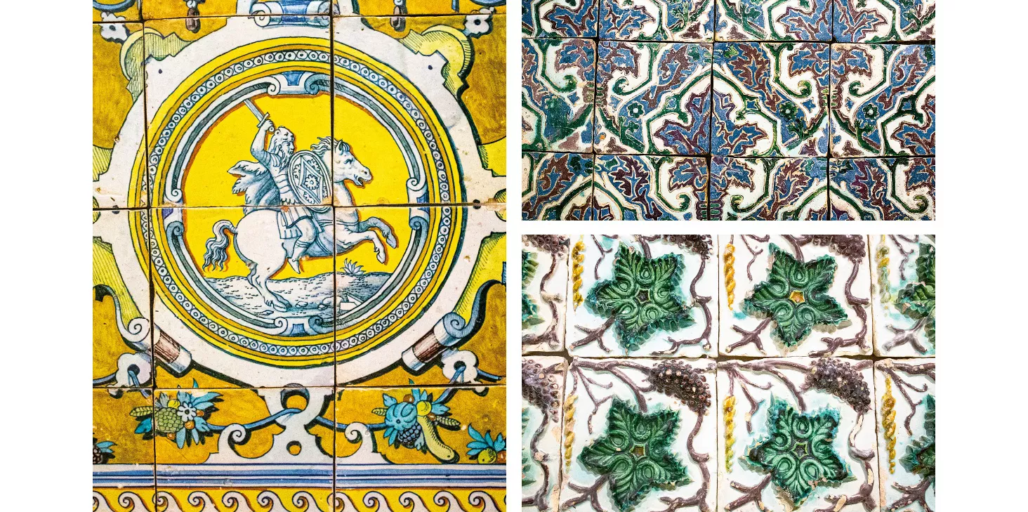 The National Tile Museum in Lisbon, Portugal, features clockwise from left a 1558 tile bearing the heraldry of Teodósio I, the 5th Duke of Braganza; textile motifs done ca. 1500-1525 with the cuerda seca (dry cord) technique developed in the Middle East; and tiles from Seville, Spain, made with the molded technique