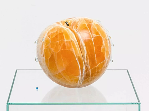 Nevine Mahmoud, ‘Fruit’ (Wet Chord), 2020. Calcite, glass, steel, and paint. Collection of Sarah Stoker.