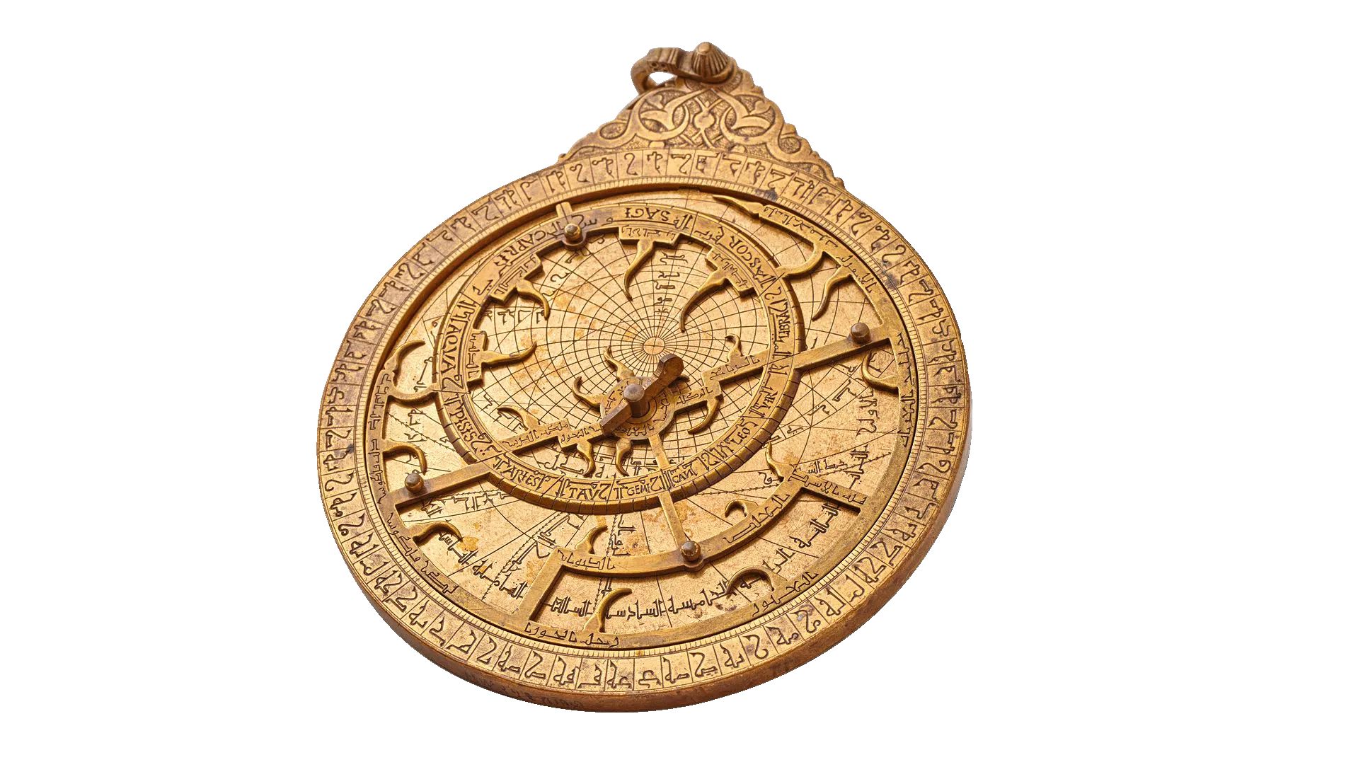 Planispheric Astrolabe. Signed Abu Ja’far Ahmad bin Husayn bin Baso. Spain, Granada. Nasrid period, dated 709 AH (1309-1310 CE). Cast brass with engravings and inlay. 13.5cm (diameter). MW.342.2007. 