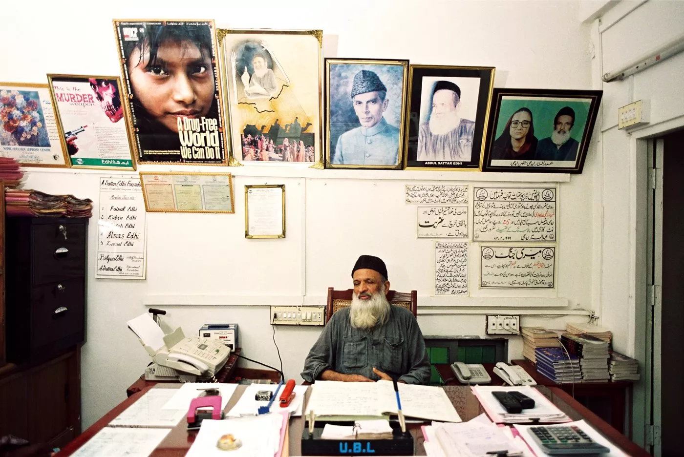 Abdul Sattar Edhi sits at his desk in the Mithadar district of Karachi. His office is the same building where, in 1951, he opened his first free pharmacy, and he remains personally on call: "I am always available to all," he said.