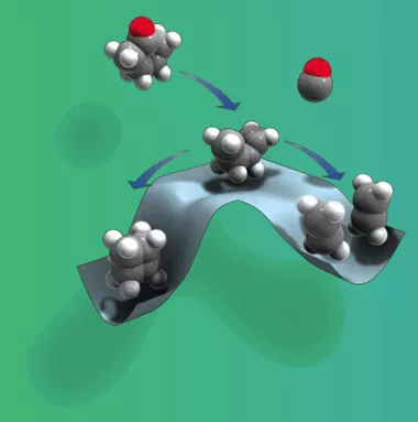 Molecules, like everything in nature, seek the lowest possible energy state. The cyclobutane molecule, above, top left, comprises four bonded carbon atoms. (Each carries two hydrogen atoms.) Zewail's Nobel Prize-winning breakthrough showed that when excited by a laser pulse for a few femtosecons, the molecule goes through a two-stage transition, center, in which two of the four carbon atoms break apart, while the other two remain bonded. From this transition state, which lasts a few hundred femtoseonds, the reaction's second step goes one of two ways: Either the second carbon bond breaks, producing two ethylene molecules, right, or the first carbon bond re-forms, which drops the molecule to its lowest energy state, lower left. By showing the properties of the transition state - by opening chemical transition states to observation and thus prediction and perhaps manipulation - Zewail created "femtochemistry."<br />
&nbsp;