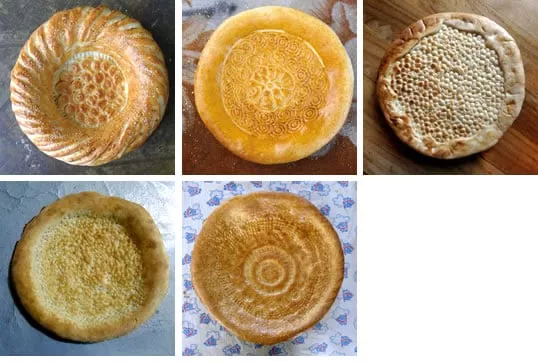 <em>Left-to right from top:</em>&nbsp;Tashkent-style, by Raushanbek Ismailov; Samarkand, Siab bazaar; Khiva-style, Khorezm Province; Bukhara-style by Erkin nonvoy; Bukhara-style, Kritiy bazaar.