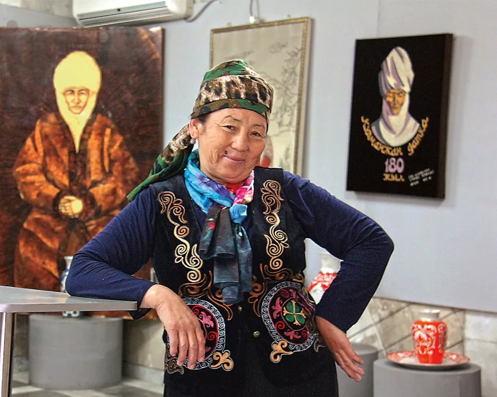 <p>One among the datka&rsquo;s 1,500 descendants, Bazargul Koionbaeva directs the Kurmanjan Datka Museum of History and Ethnography in Gulcha, where images of Kurmanjan appear on the walls and cases display artifacts associated with her legacy. &ldquo;Since the film came out, we have gotten more visitors, even from other countries,&rdquo; she says.</p>
