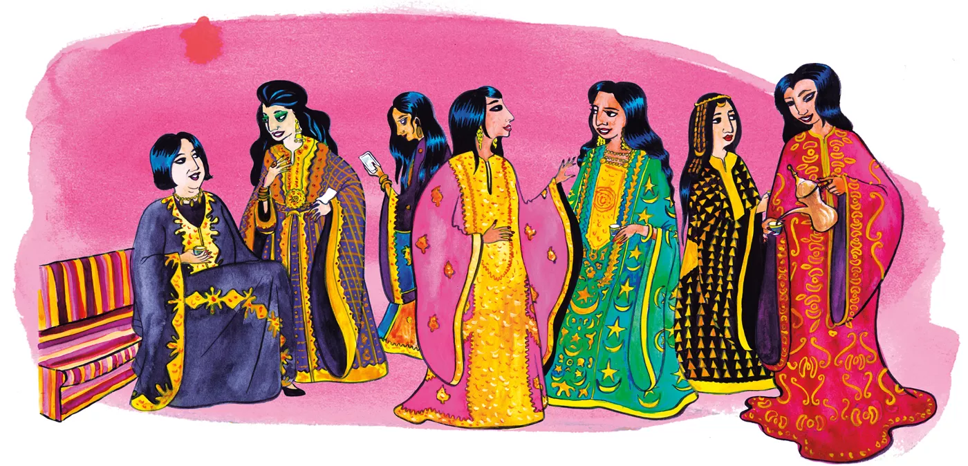 <p>During the holy month of Ramadan, thobes can be popular at nighttime gatherings. Thobe styles old and new appear here, <em>left to right:</em> Kuwaiti-style thobe with V-neck opening; modernized and belted version of a thobe based on a Faisal Alrayes design; young woman checking her smartphone in a striped <em>mufahhah</em> thobe; pink <em>thobe al-nashal</em> with its signature full floor-length front panel of embroidery; thobe with crescent moon and stars, also based on a Faisal Alrayes design; <em>sambusak</em>&ndash;style thobe covered with gold triangles, based on a design by Mohamed Saleh; and a vintage Iraqi thobe known as a <em>hashmi</em>.</p>
