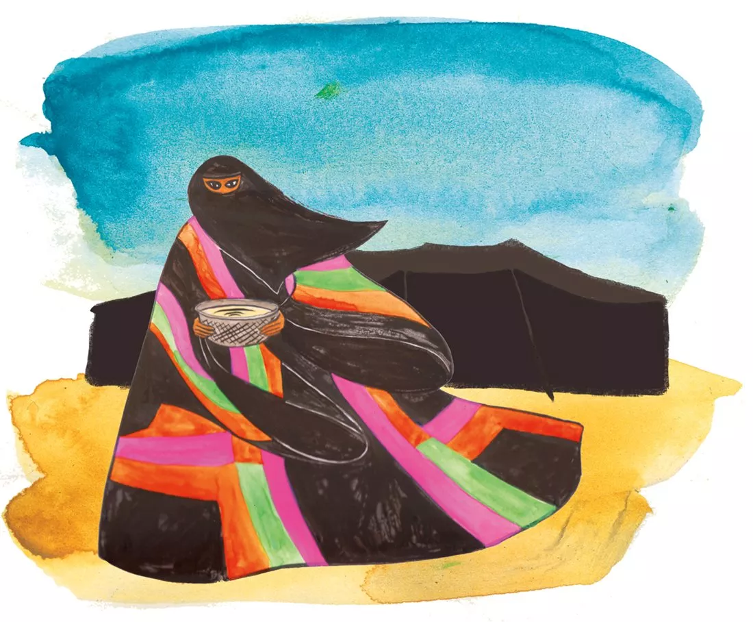 <p>Dressed to greet important visitors, a Bedouin woman would often don her best thobe and bring a bowl of camel milk. The Bedouin thobe of the Najd region in central Saudi Arabia features the same inset stripes as the <em>mutaffat</em> style of the Najdi towns and echoes the <em>al-mufahhah</em> style thobe well-known in Bahrain.</p>