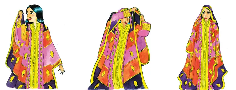 <p>The sleeves of thobes are extra-wide, in part so they can be draped over one’s head for a quick cover, but also to show off embroidery at the sleeves. This <em>mufahhah,</em> or striped thobe, is famous in Bahrain.</p>
