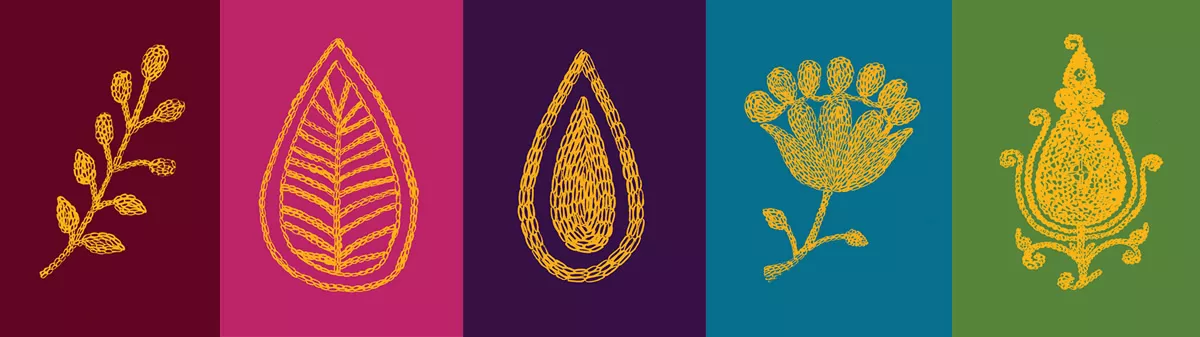 <p>Five details of the many hand-embroidered motifs used on the garments often worn with the thobe, <em>sirwal</em> (gathered pantaloons) and <em>dira`ah</em> (long-sleeved gowns), drawn from displays in the Bahrain National Museum.</p>
