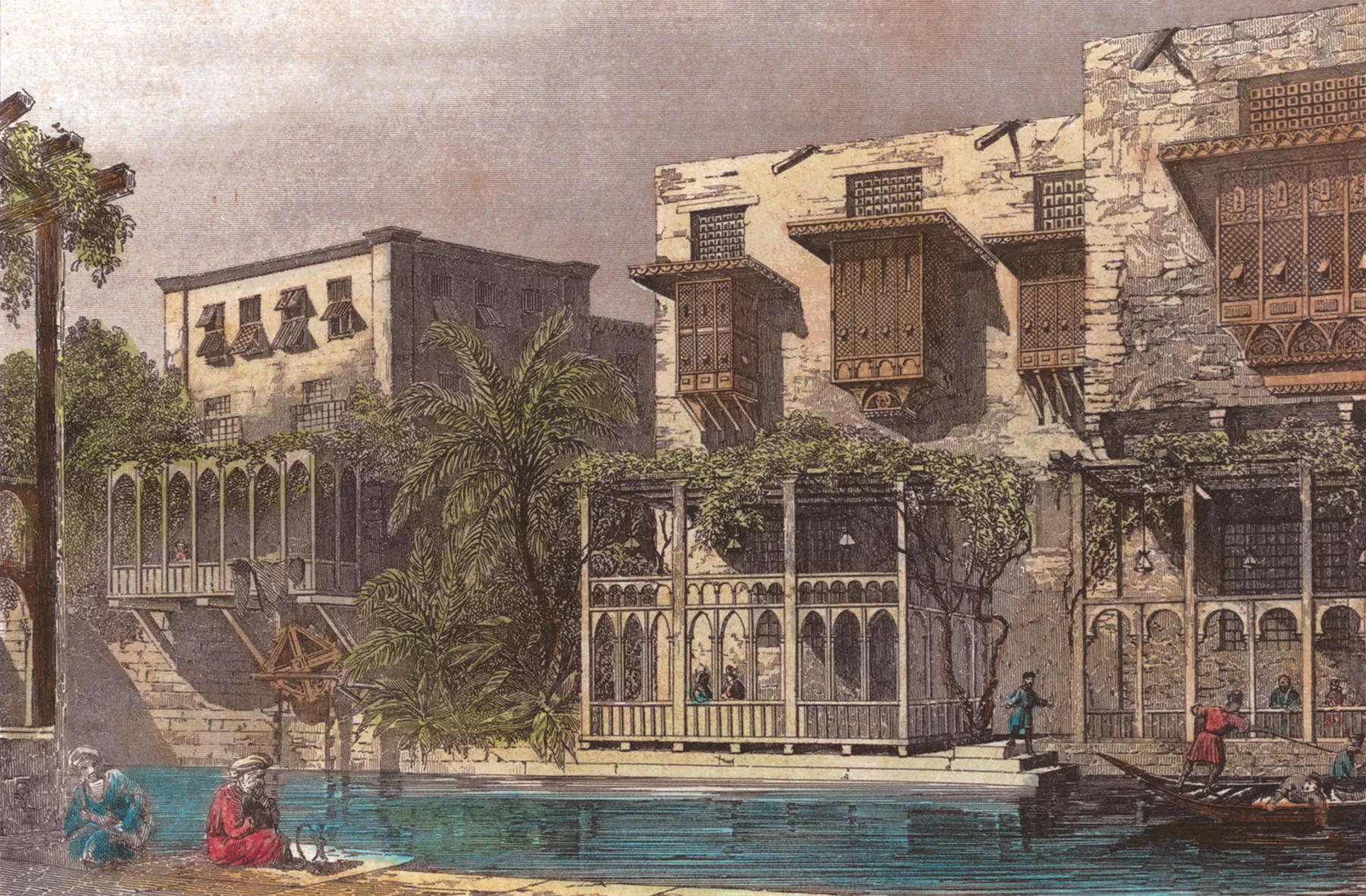 Not far from the site of the sabil-kuttab of Mustafa III, a lithograph published in 1821 in <em>Egypte Moderne</em> by A.F. Lemaitre shows a few of the villas along the Khalig al-Misri canal.