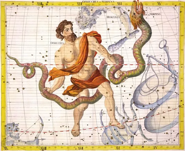 <p>Published in 1729 from a hand-colored engraving by England's first Astronomer Royal, John Flamsteed, this plate from Atlas Coelestis depicts Ophiuchus (“The Serpent Handler”). Although one of the Babylonian zodiac’s original 13 constellations, Ophiucus was dropped for the convenience of synchronizing the number of zodiac signs to the 12-month calendar system. </p>