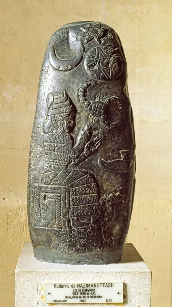 <p>With a scorpion at top-center marking the autumn equinox, this <em>kurdura</em>&mdash;stone document&mdash;was produced in the 14th century <span class="smallcaps">bce</span>, during the period of Kassite rule, the time scholars theorize may have birthed the Babylonian zodiac.</p>
