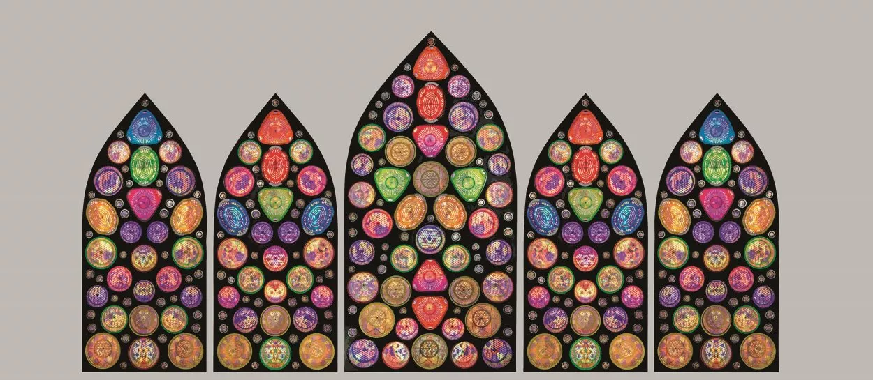 Assembled from everyday kitchenware such as plastic colanders, Rashed Al-Shashai&rsquo;s 2013 &ldquo;Heaven&rsquo;s Doors&rdquo; effuses color, emulating stained glass windows and acting as &ldquo;a spiritual cleanser of the soul,&rdquo; says the artist. Lower: Ahmad Angawi&rsquo;s 2012 &ldquo;Street Pulse,&rdquo; shown at &ldquo;Phantom Punch,&rdquo; comprises 3,600 microphones and draws on the artist&rsquo;s assertion that dialogue develops community.