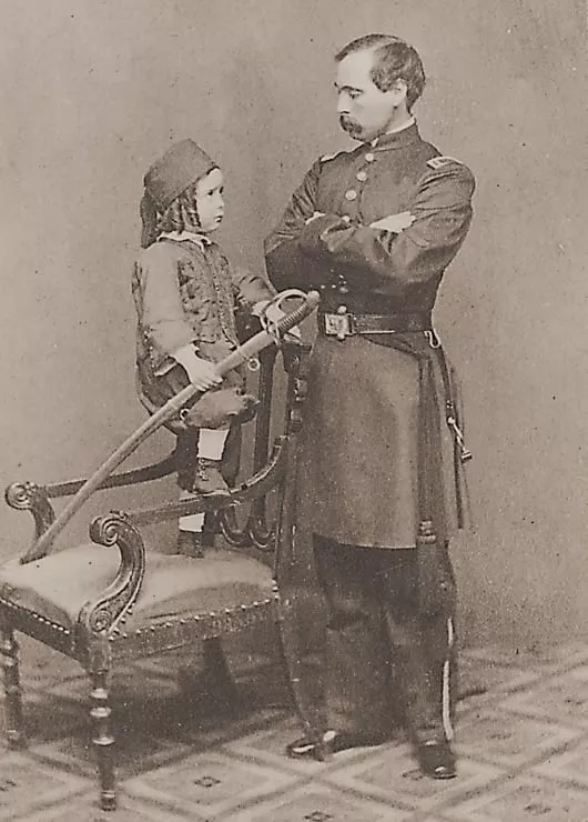 <p>This photo of a Union officer in conventional uniform and a child decked out in a Zouave uniform, taken in Brattleboro, Vermont, testifies to the Zouave craze that swept America.&nbsp;</p>
